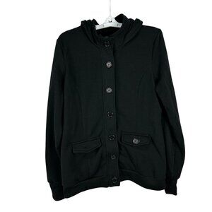 Wet Seal Womens Black Button-Up Hoodie Jacket XL Cotton Blend Casual Rib Knit